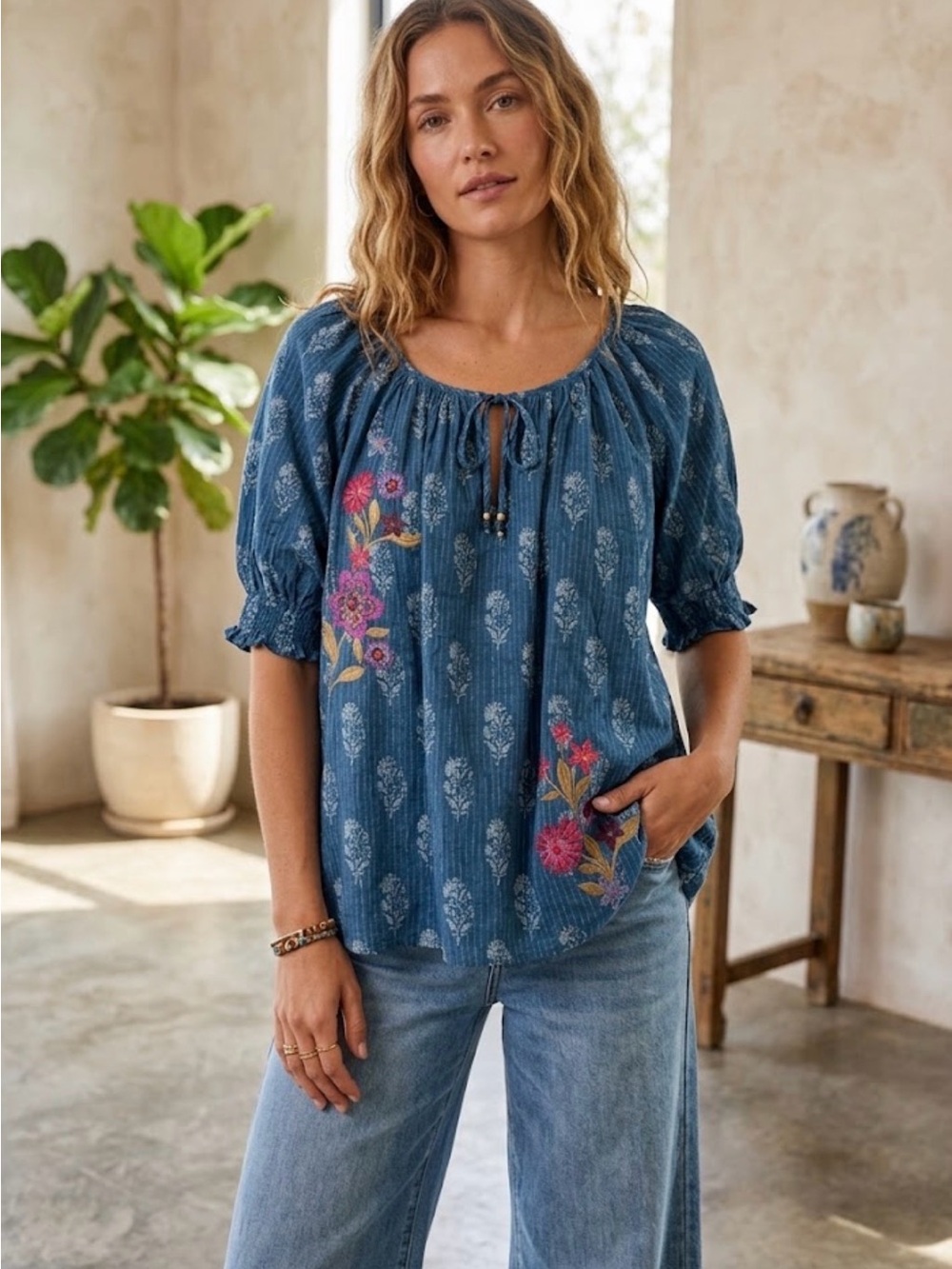 Natural Life Boho Embroidered Peasant Blouse Blue Floral Striped Top - Size XL